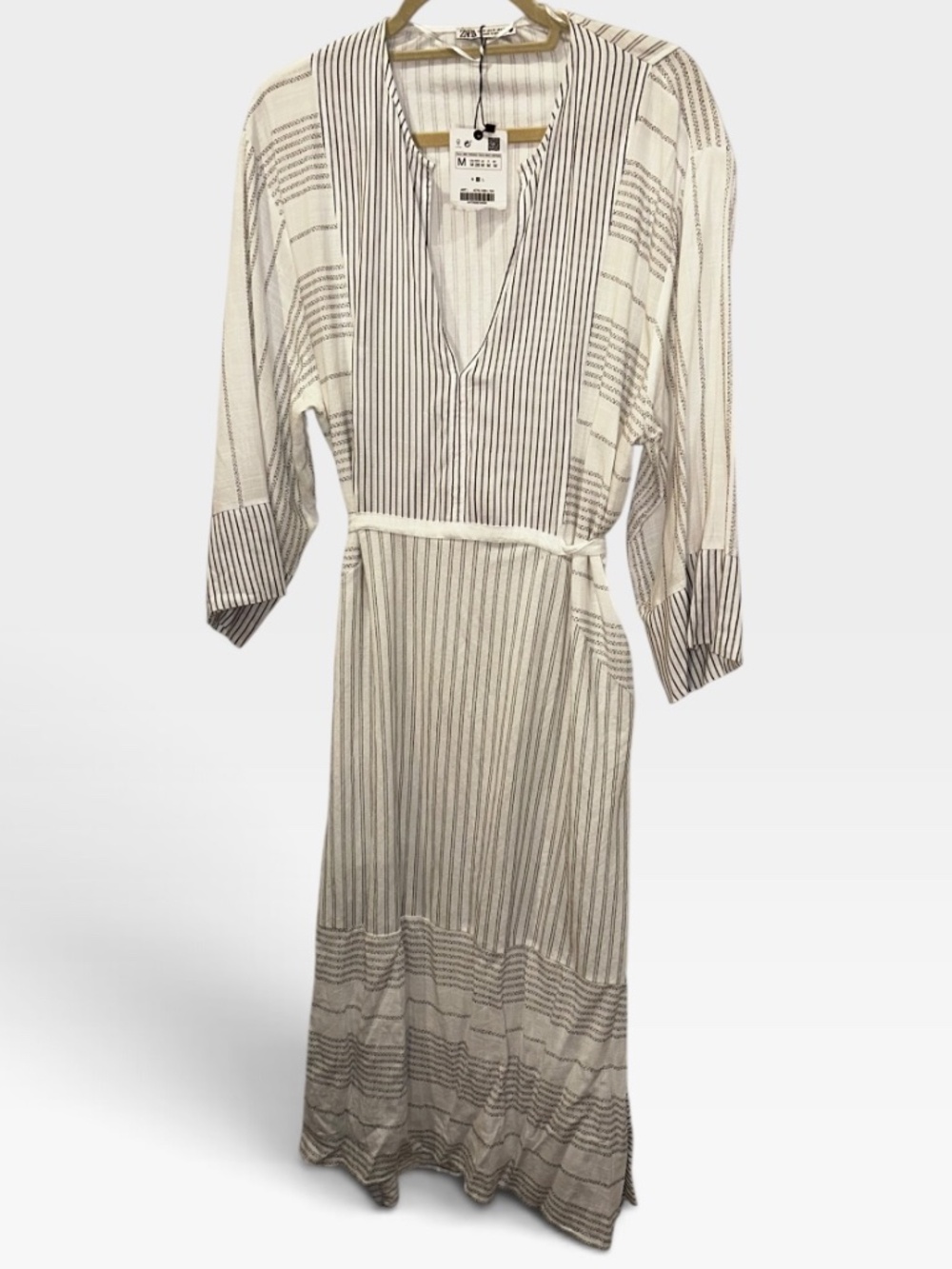 Zara NEW NWT black white Ticking Stripes mixed fabric tunic tie back dress M